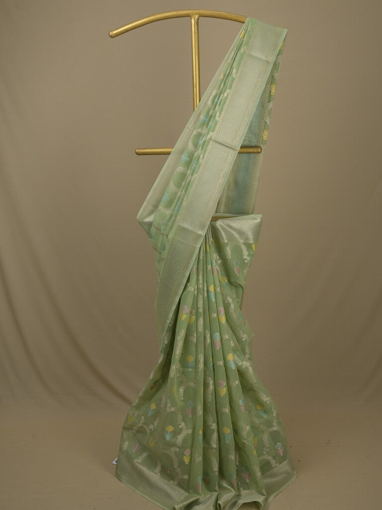Chanderi fancy saree in light green color allover weaves & zari border with brocade pallu and brocade blouse