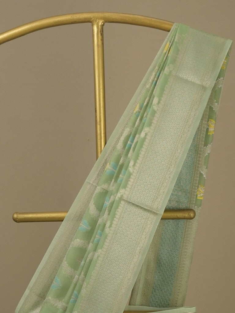 Chanderi fancy saree in light green color allover weaves & zari border with brocade pallu and brocade blouse