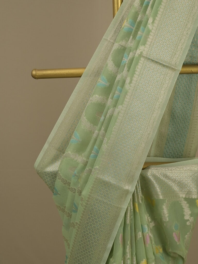 Chanderi fancy saree in light green color allover weaves & zari border with brocade pallu and brocade blouse