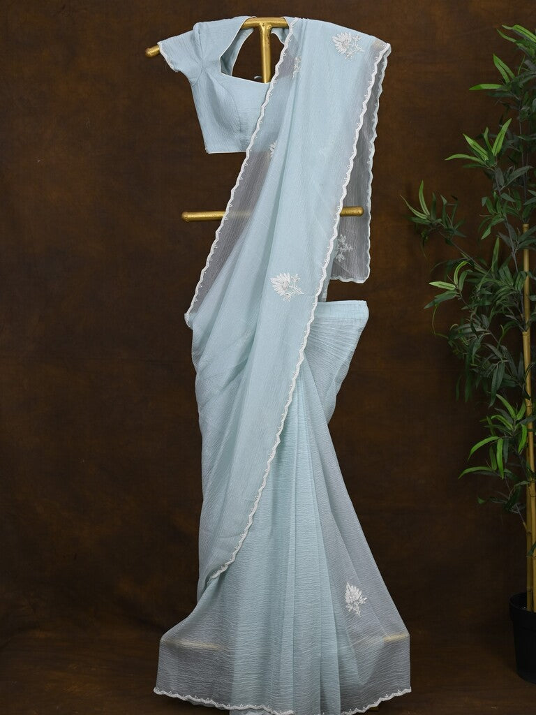 Crush organza fancy saree light blue color allover embroidery motifs & embroidery border with running pallu and stitched blouse