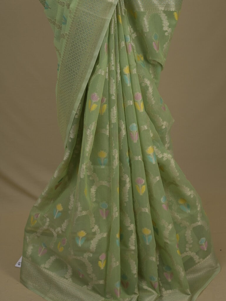 Chanderi fancy saree in light green color allover weaves & zari border with brocade pallu and brocade blouse