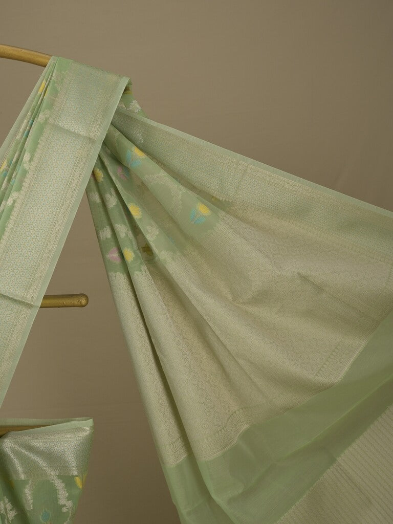 Chanderi fancy saree in light green color allover weaves & zari border with brocade pallu and brocade blouse