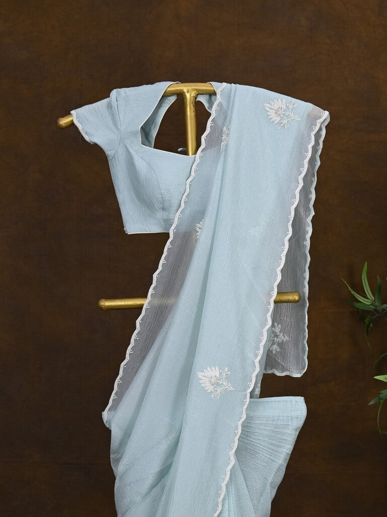 Crush organza fancy saree light blue color allover embroidery motifs & embroidery border with running pallu and stitched blouse