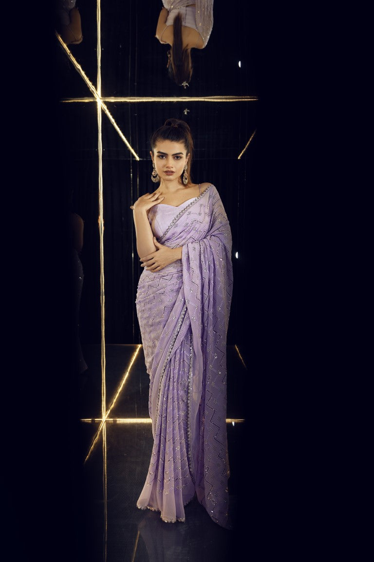 Sequence georgette saree lavender color with allover work, running pallu and work blouse