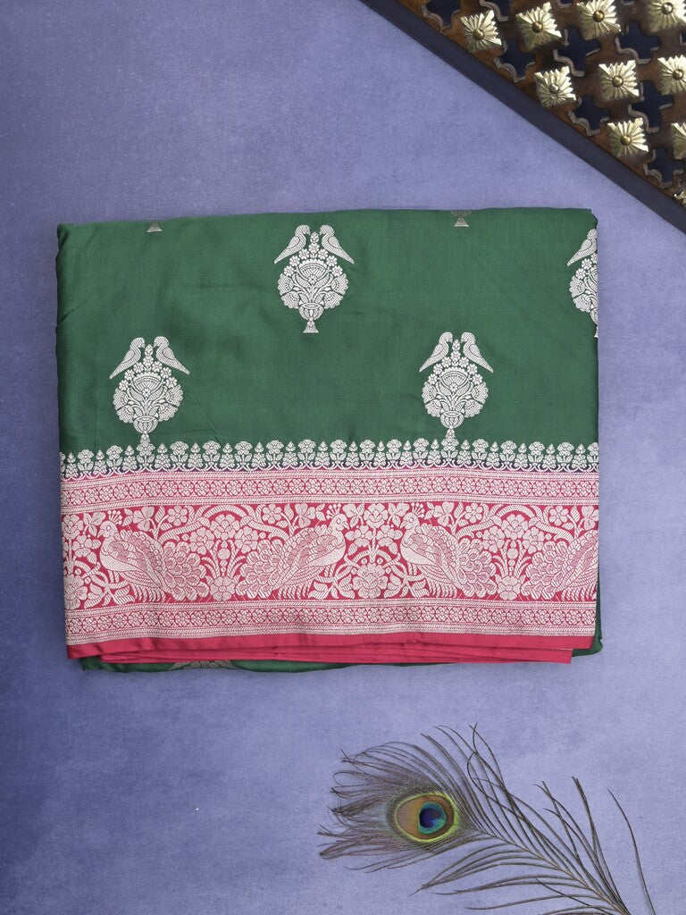 Mashru silk fancy Saree in bottle green color allover zari motifs with Zari Border & Contrast Blouse