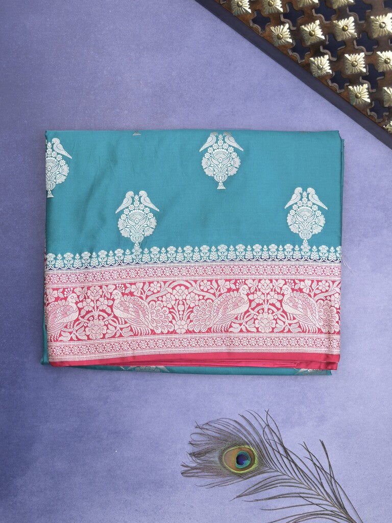 Mashru silk fancy Saree in sky blue color allover zari motifs with Zari Border & Contrast Blouse