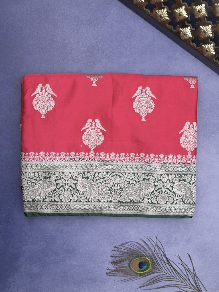 Mashru silk fancy Saree in red color allover zari motifs with Zari Border & Contrast Blouse