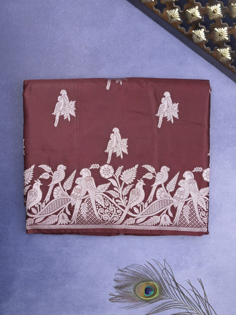 Mashru silk fancy Saree in brown color allover zari motifs with Zari Border & plain Blouse