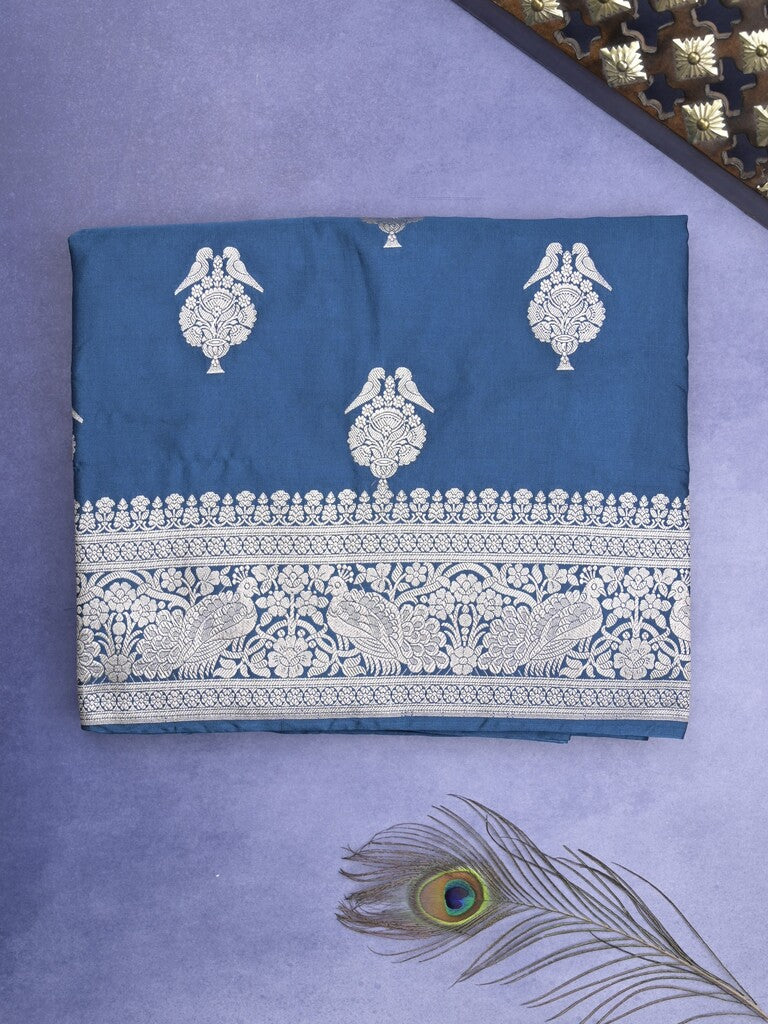 Mashru silk fancy Saree in royal blue color allover zari motifs with Zari Border & plain Blouse