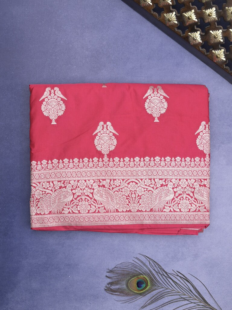 Mashru silk fancy Saree in pink color allover zari motifs with Zari Border & plain Blouse