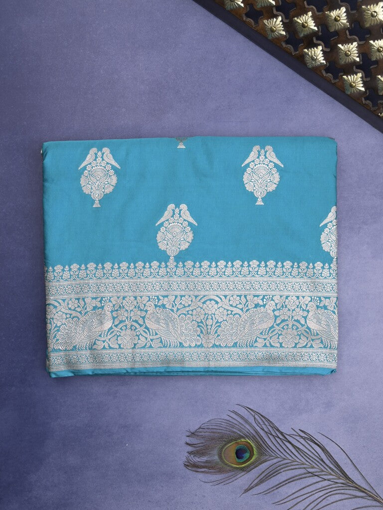 Mashru silk fancy Saree in sky blue color allover zari motifs with Zari Border & plain Blouse