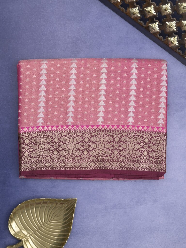 Dupion tissue fancy Saree in baby pink color allover zari stripes with Zari Border & contrast blouse