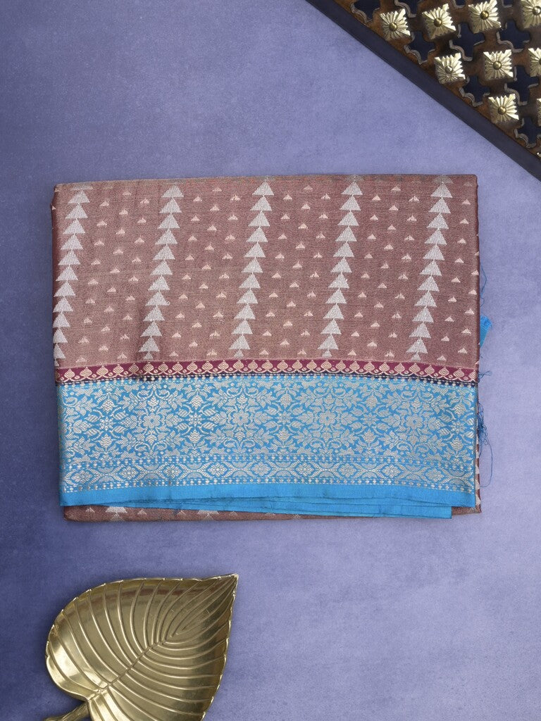 Dupion tissue fancy Saree in brown color allover zari stripes with Zari Border & contrast blouse