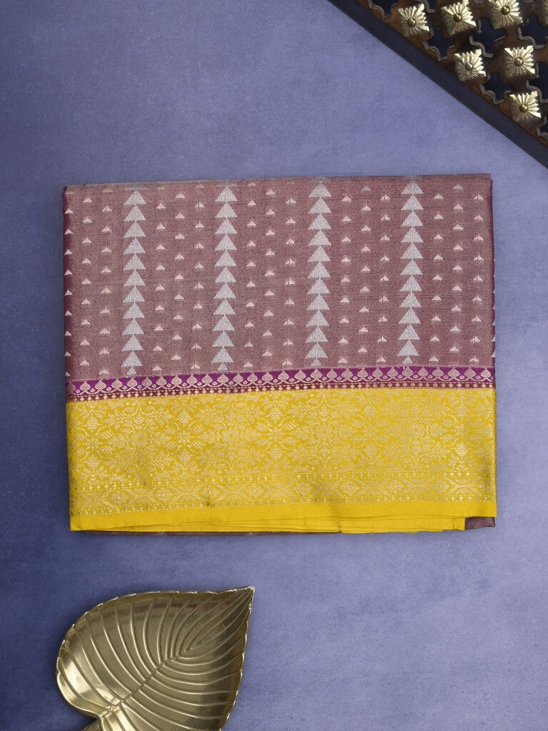 Dupion tissue fancy Saree in brown color allover zari stripes with Zari Border & contrast blouse