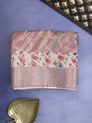 Elegant Chanderi Printed Saree in light purple color with Zari Border & Matching Blouse