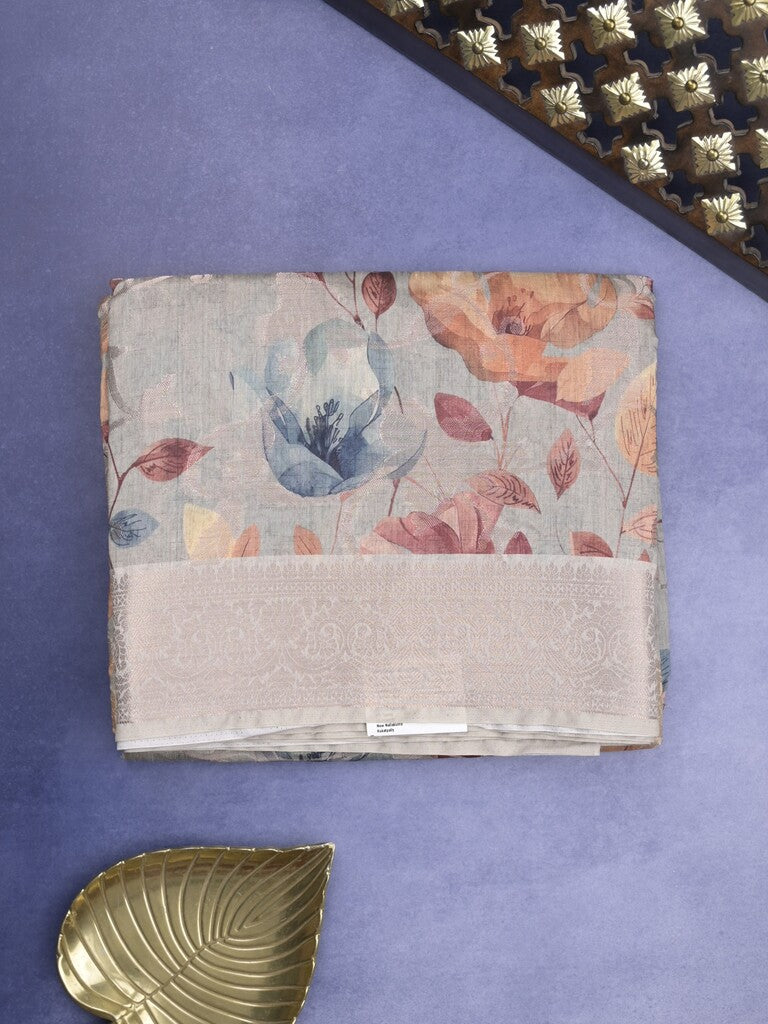 Elegant Chanderi Printed Saree in grey color with Zari Border & Matching Blouse