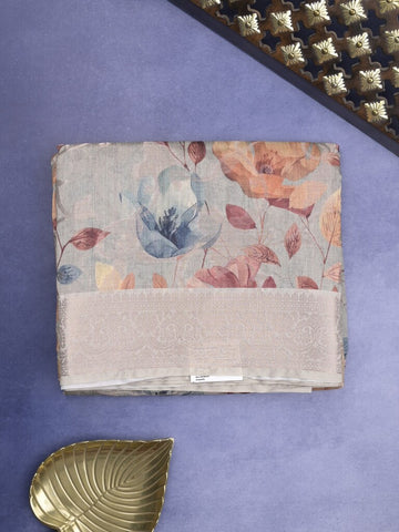 Elegant Chanderi Printed Saree in grey color with Zari Border & Matching Blouse