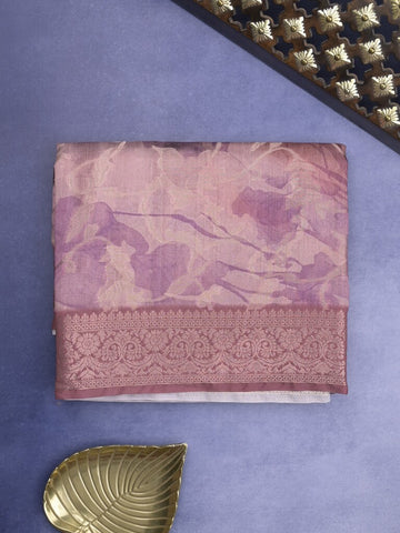 Elegant Chanderi Printed Saree in purple color with Zari Border & Matching Blouse