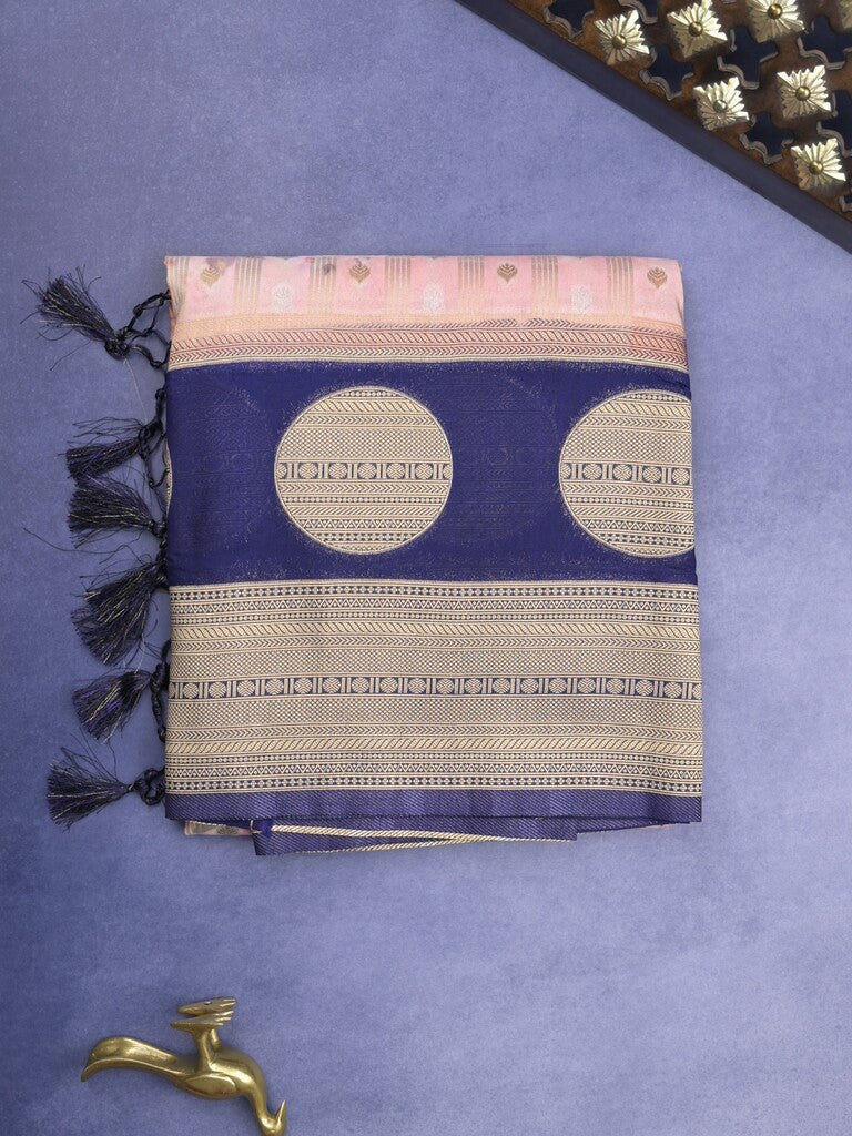 Banaras Digital Print fancy Saree in baby pink color with Zari Border & Contrast Blouse