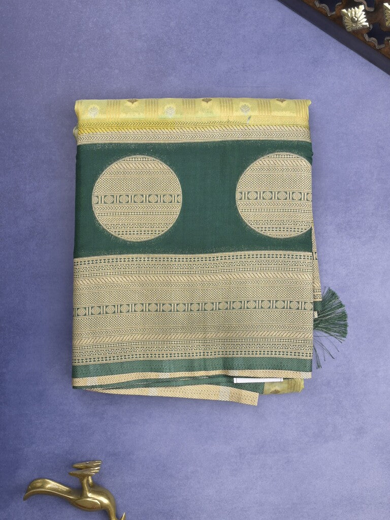 Banaras Digital Print fancy Saree in light yellow color with Zari Border & Contrast Blouse