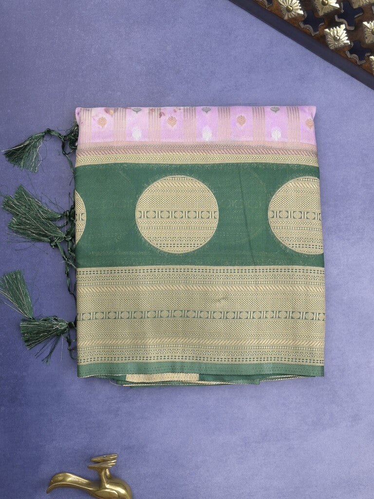 Banaras Digital Print fancy Saree in lavender color with Zari Border & Contrast Blouse