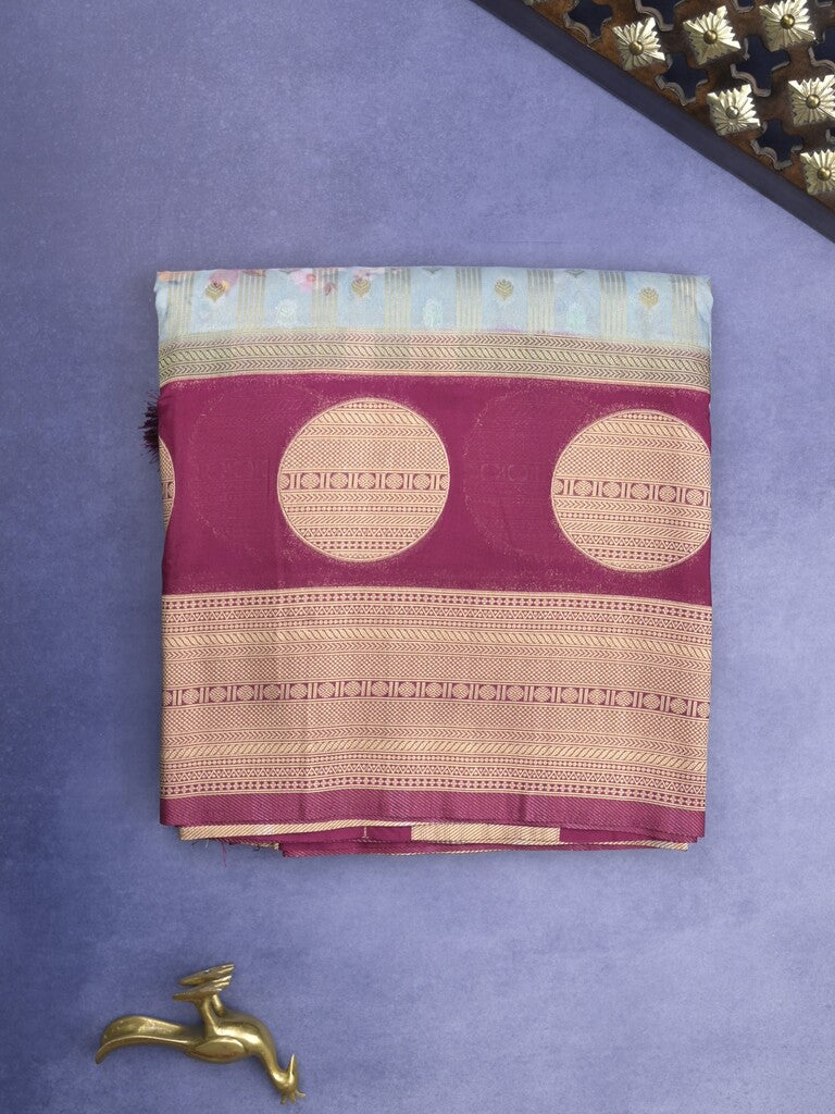 Banaras Digital Print fancy Saree in light blue with Zari Border & Contrast Blouse