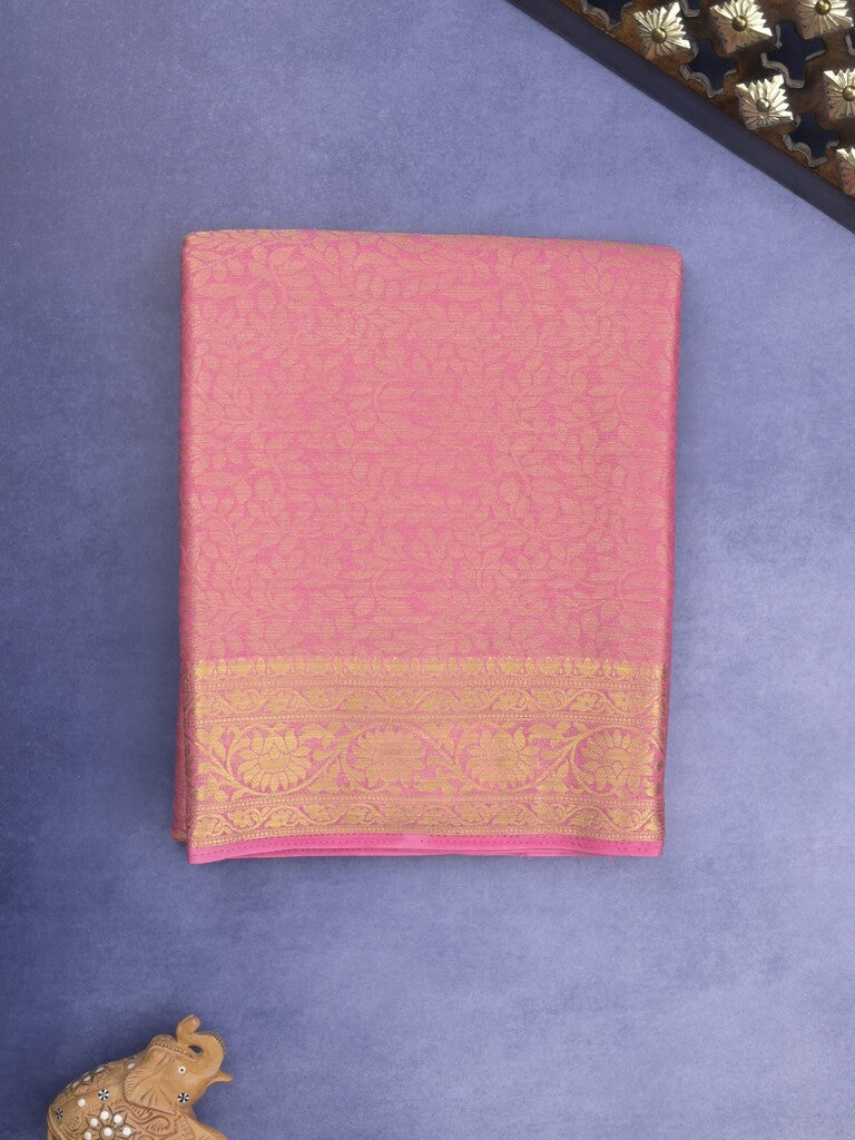 Georgette fancy Saree in baby pink color allover weaves, Zari Border with rich pallu and plain blouse