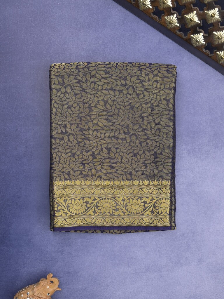 Georgette fancy Saree in navy blue color allover weaves, Zari Border with rich pallu and plain blouse