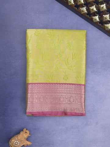 Banaras tissue fancy Saree in yellow color allover weaves, Zari Border with running blouse