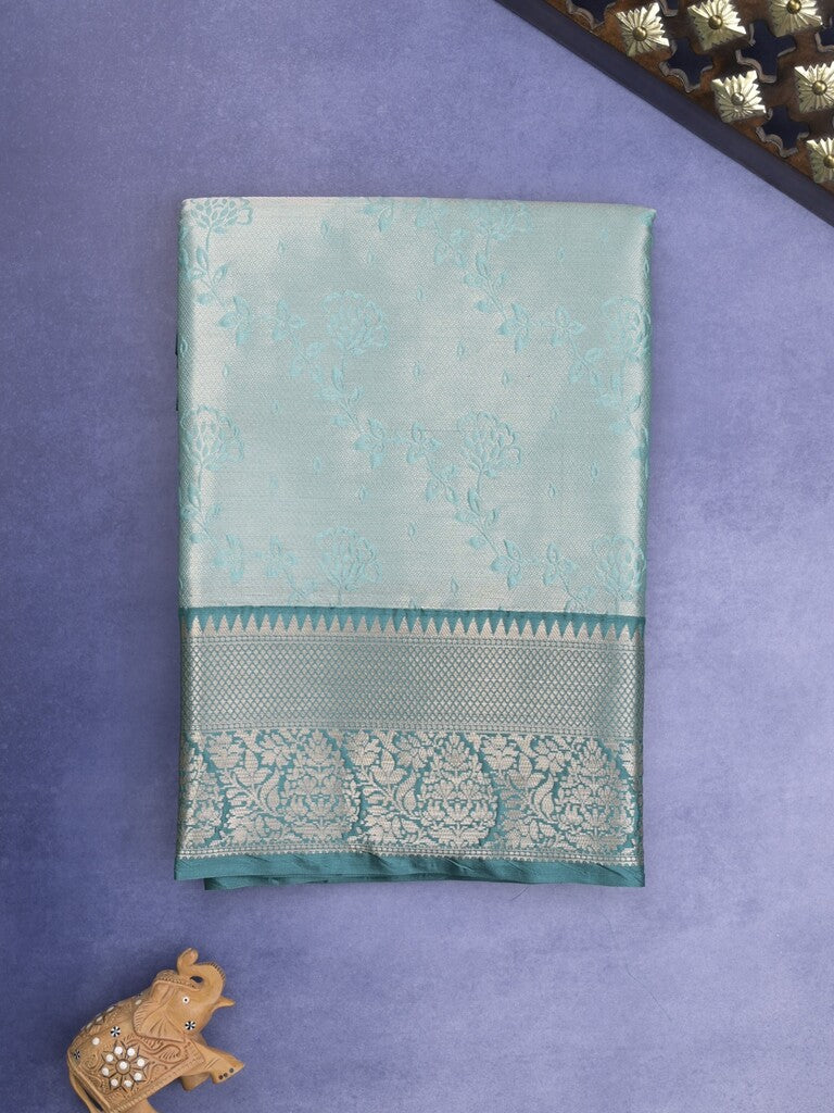 Banaras tissue fancy Saree in light blue color allover weaves, Zari Border with running blouse
