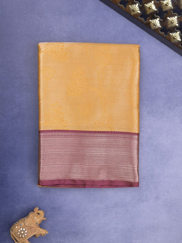Banaras tissue fancy Saree in mustard yellow color allover weaves, Zari Border with running blouse