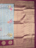 Banaras Digital Print fancy Saree in light blue with Zari Border & Contrast Blouse