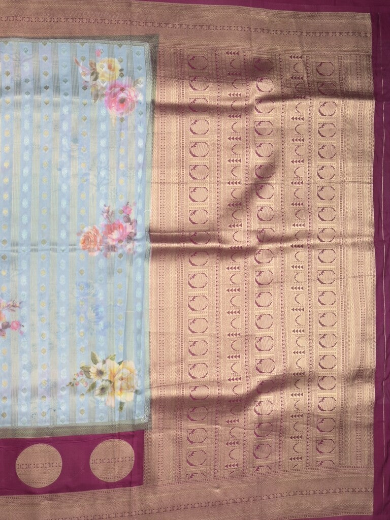 Banaras Digital Print fancy Saree in light blue with Zari Border & Contrast Blouse