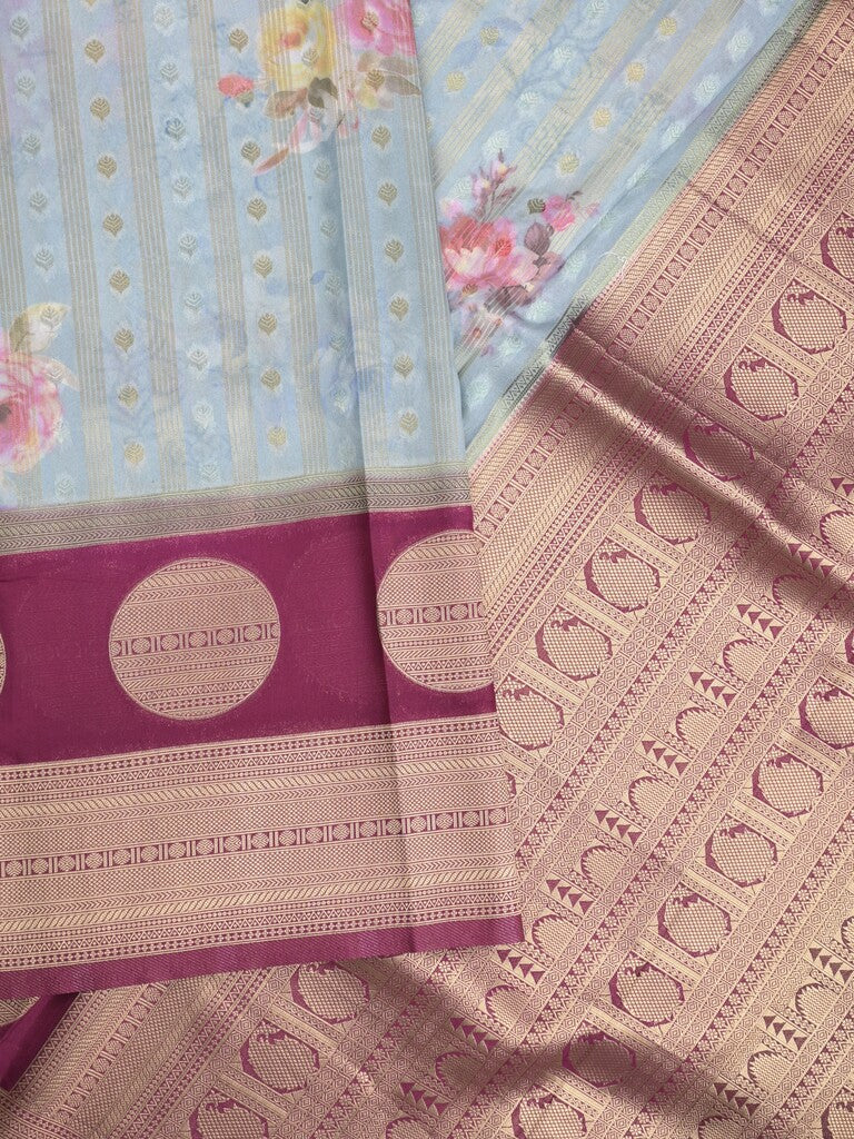 Banaras Digital Print fancy Saree in light blue with Zari Border & Contrast Blouse