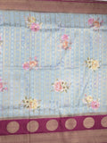 Banaras Digital Print fancy Saree in light blue with Zari Border & Contrast Blouse