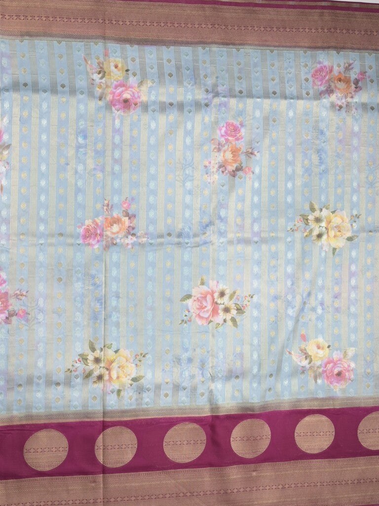 Banaras Digital Print fancy Saree in light blue with Zari Border & Contrast Blouse