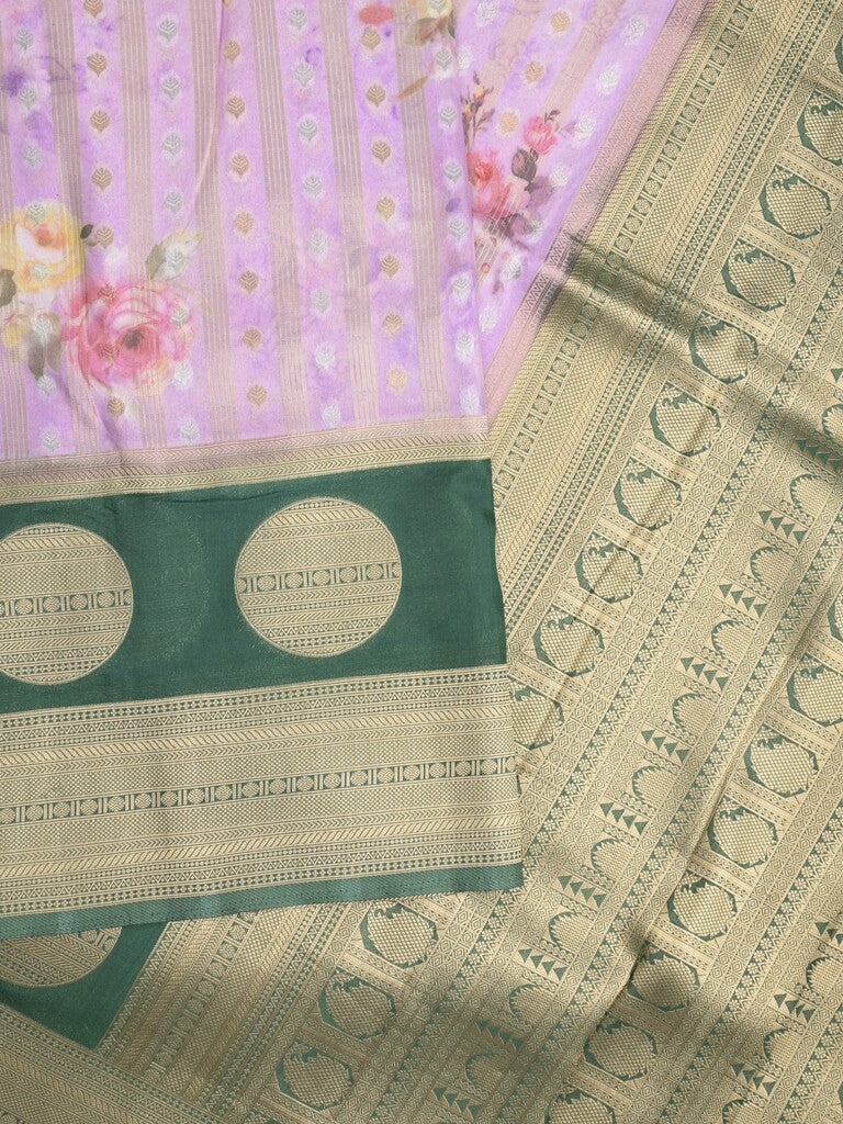Banaras Digital Print fancy Saree in lavender color with Zari Border & Contrast Blouse