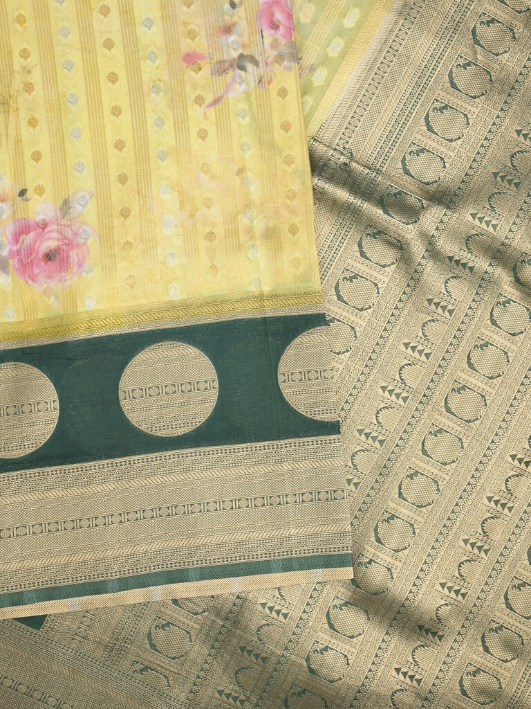 Banaras Digital Print fancy Saree in light yellow color with Zari Border & Contrast Blouse