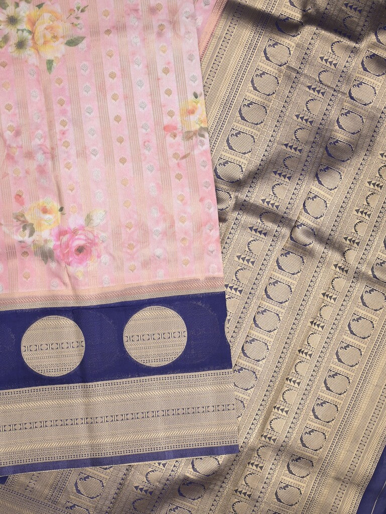 Banaras Digital Print fancy Saree in baby pink color with Zari Border & Contrast Blouse