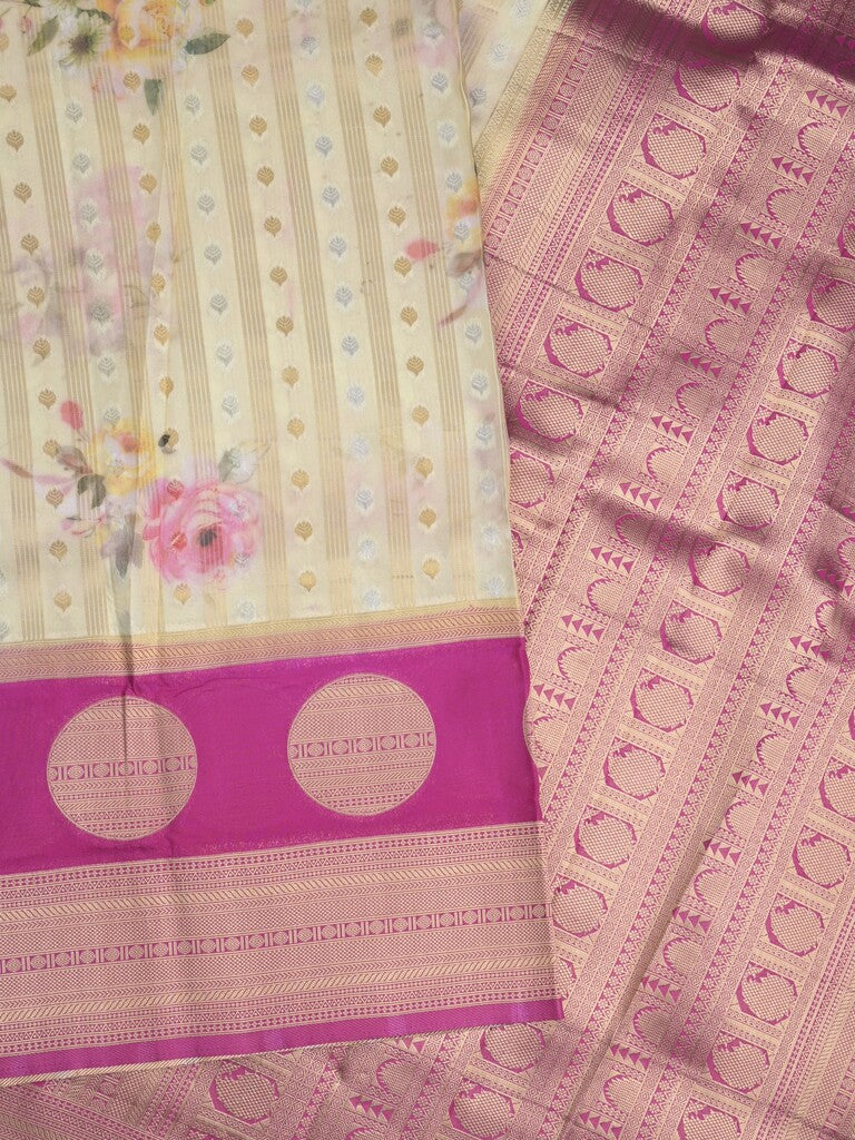 Banaras Digital Print fancy Saree in cream color with Zari Border & Contrast Blouse