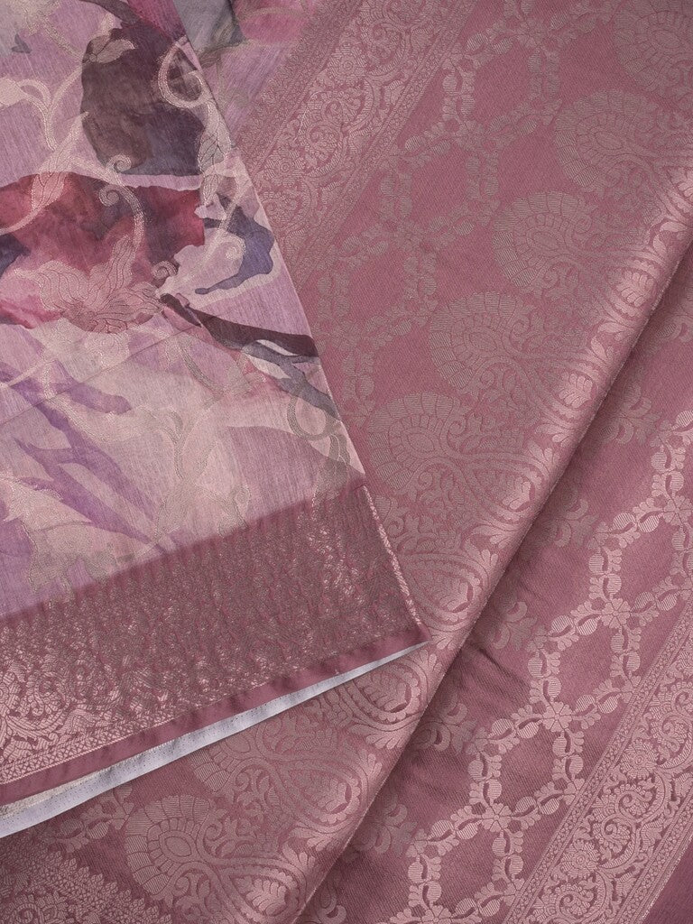 Elegant Chanderi Printed Saree in purple color with Zari Border & Matching Blouse