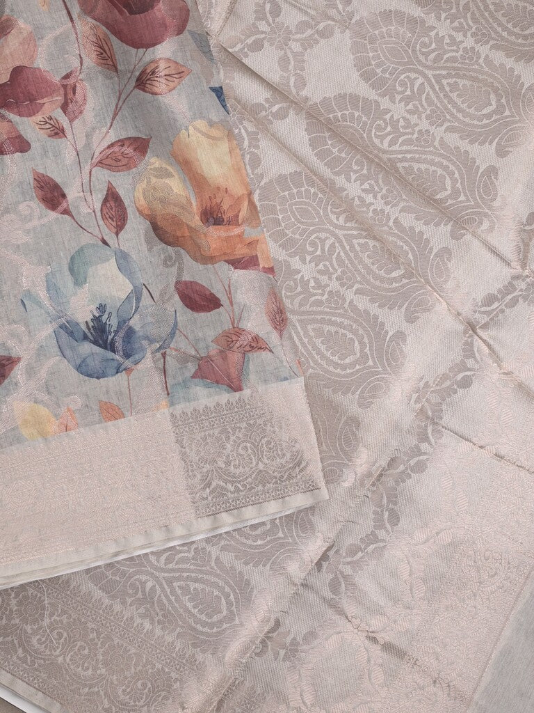 Elegant Chanderi Printed Saree in grey color with Zari Border & Matching Blouse