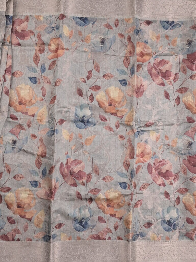 Elegant Chanderi Printed Saree in grey color with Zari Border & Matching Blouse