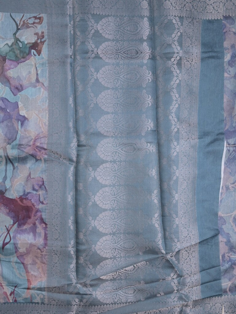 Elegant Chanderi Printed Saree in bluish grey color with Zari Border & Matching Blouse