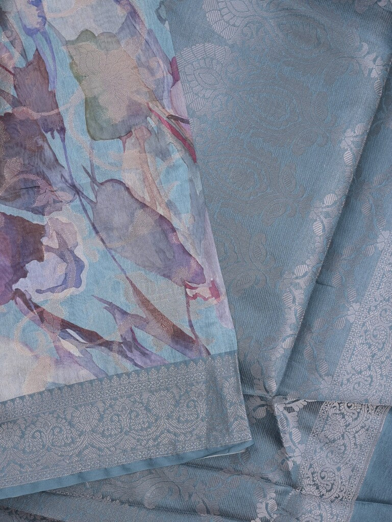 Elegant Chanderi Printed Saree in bluish grey color with Zari Border & Matching Blouse