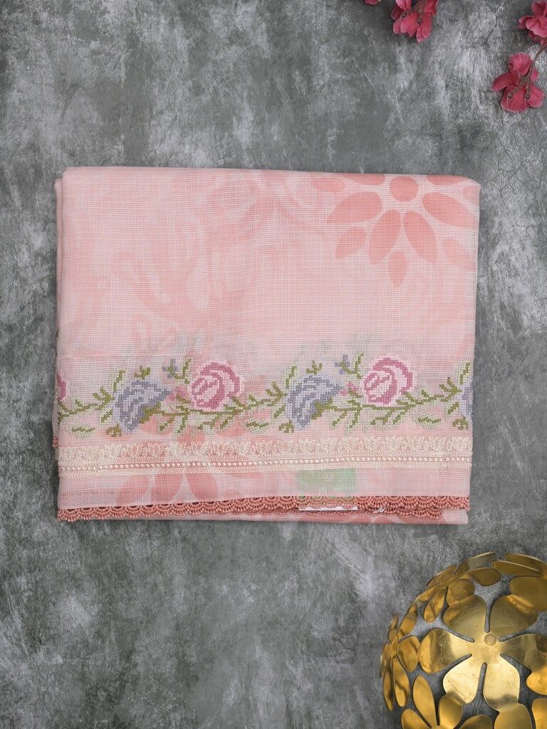 Silk kota fancy saree baby pink color allover prints & fancy embroidery border with running pallu and printed blouse