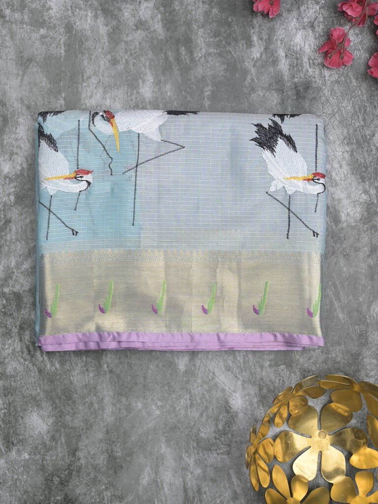 Silk kota fancy saree light blue color allover embroidery motifs & zari border with zari pallu and attached plain blouse