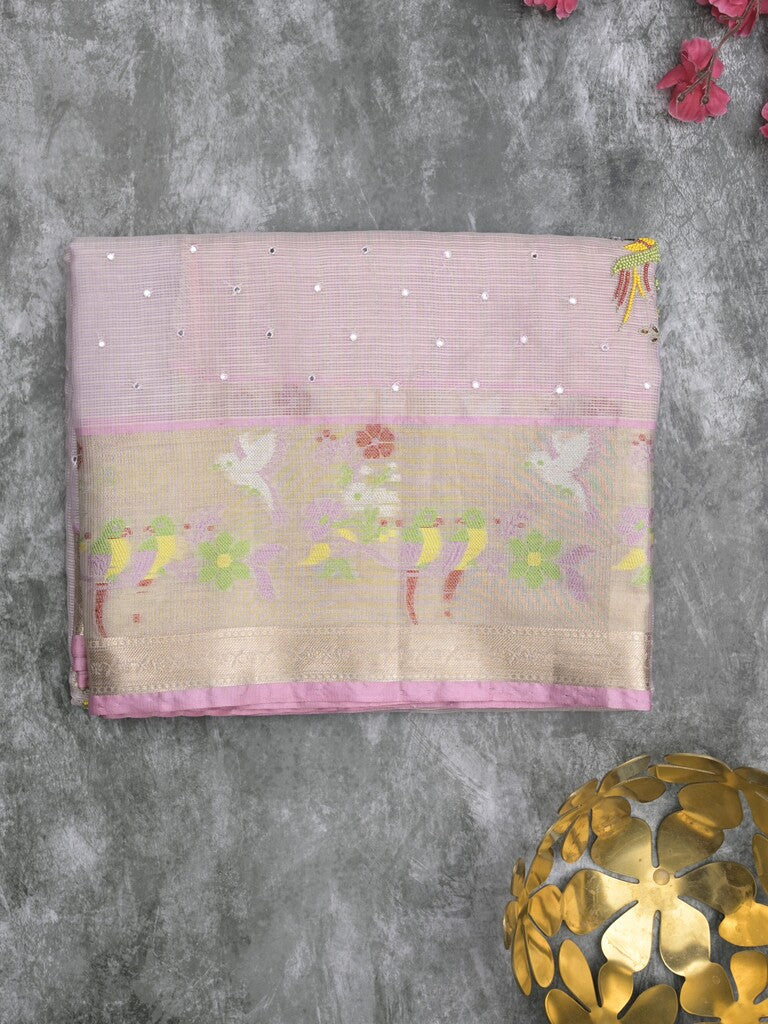 Silk kota fancy saree light pastel purple color allover embroidery, mirror work & zari border with running pallu and plain blouse