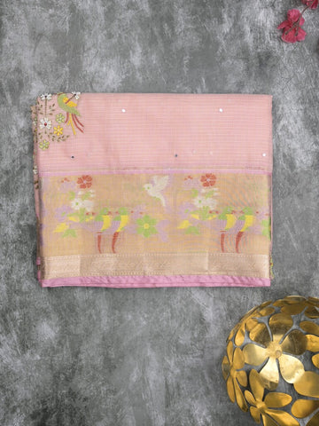 Silk kota fancy saree baby pink color allover embroidery, mirror work & zari border with running pallu and plain blouse