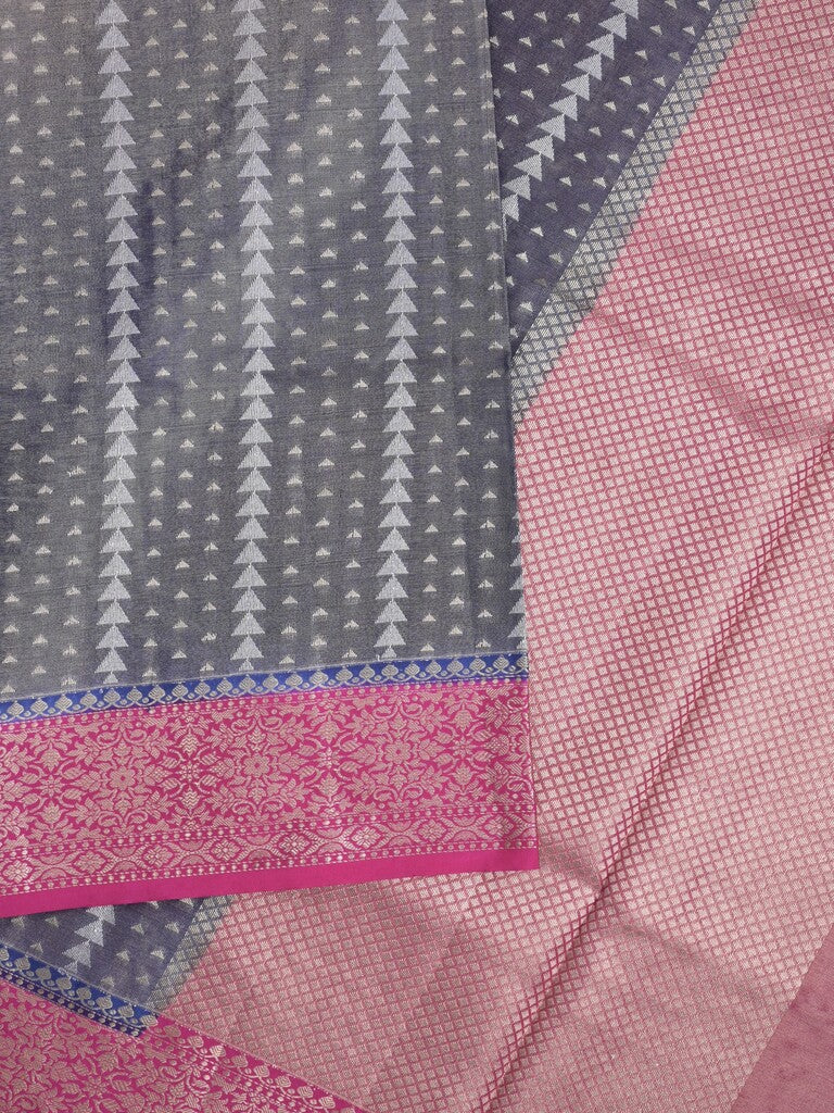 Dupion tissue fancy Saree in grey color allover zari stripes with Zari Border & contrast blouse